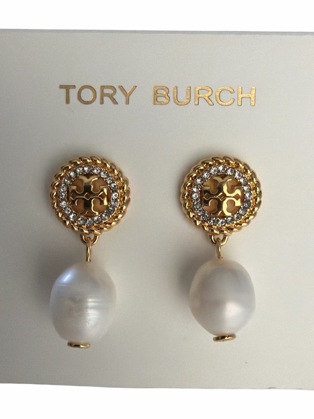 Tory Burch Gold Drop Earrings with White Pearl and Crystal Halo